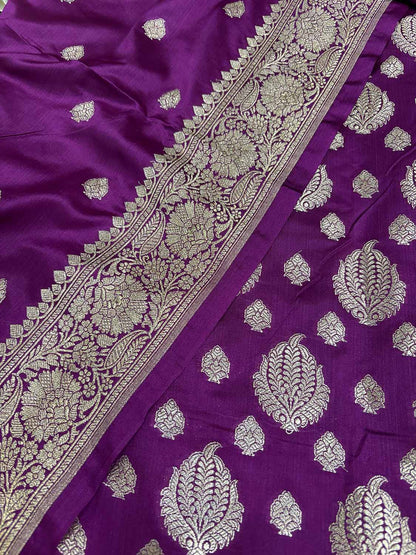 Purple Banarasi Mashru Silk Boota Design Three Piece Unstitched Suit Set - Luxurion World