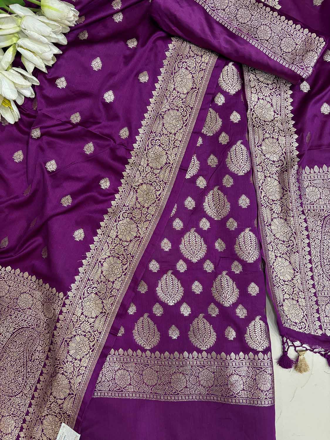 Purple Banarasi Mashru Silk Boota Design Three Piece Unstitched Suit Set - Luxurion World
