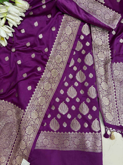 Purple Banarasi Mashru Silk Boota Design Three Piece Unstitched Suit Set - Luxurion World