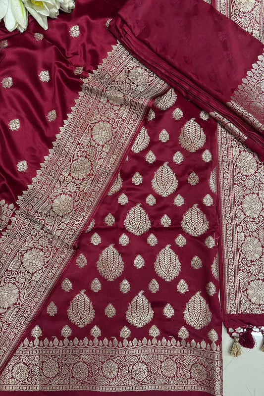 Maroon Banarasi Mashru Silk Boota Design Three Piece Unstitched Suit Set - Luxurion World