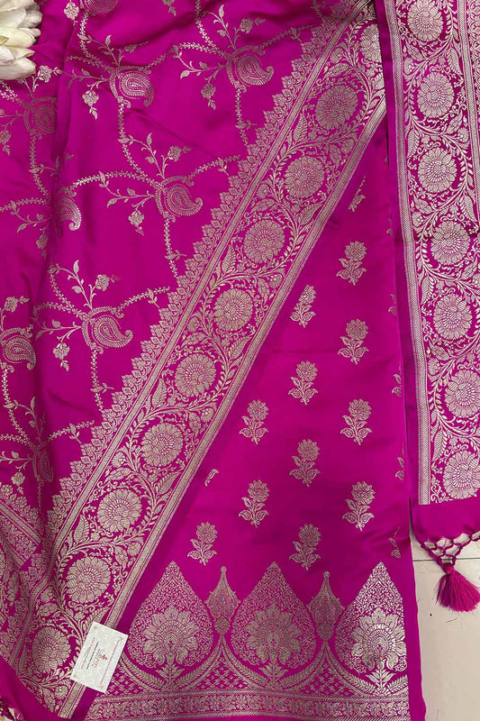 Pink Banarasi Mashru Silk Flower Design Three Piece Unstitched Suit Set - Luxurion World