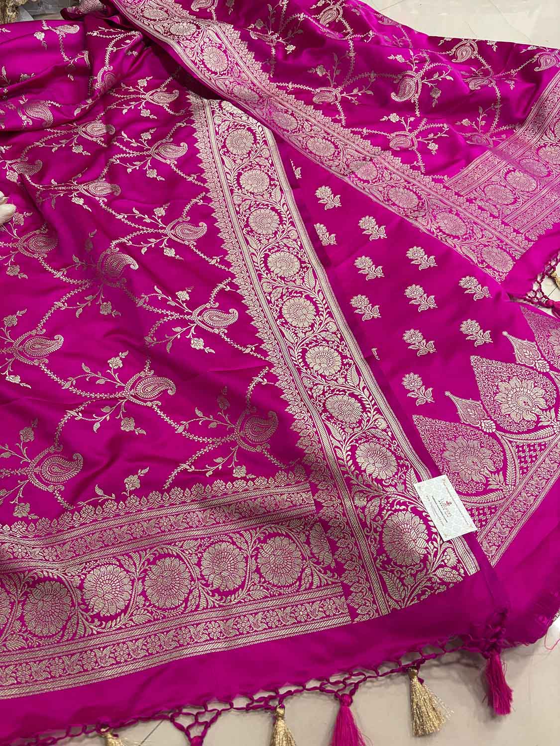 Pink Banarasi Mashru Silk Flower Design Three Piece Unstitched Suit Set - Luxurion World