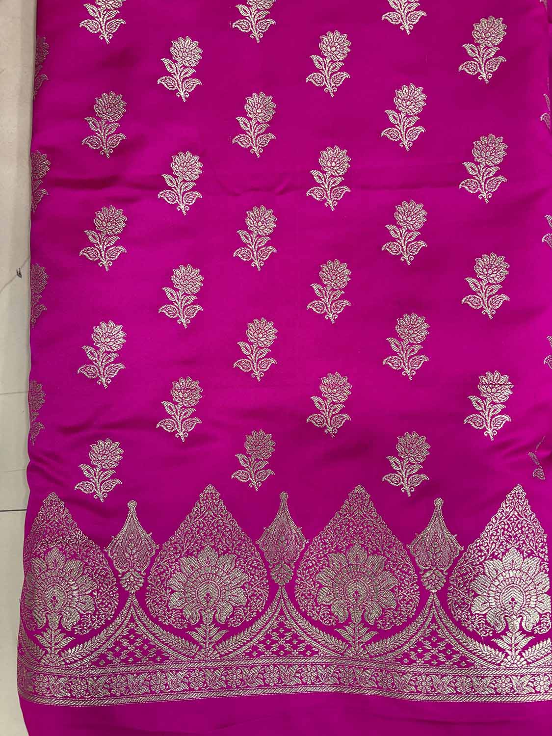 Pink Banarasi Mashru Silk Flower Design Three Piece Unstitched Suit Set - Luxurion World