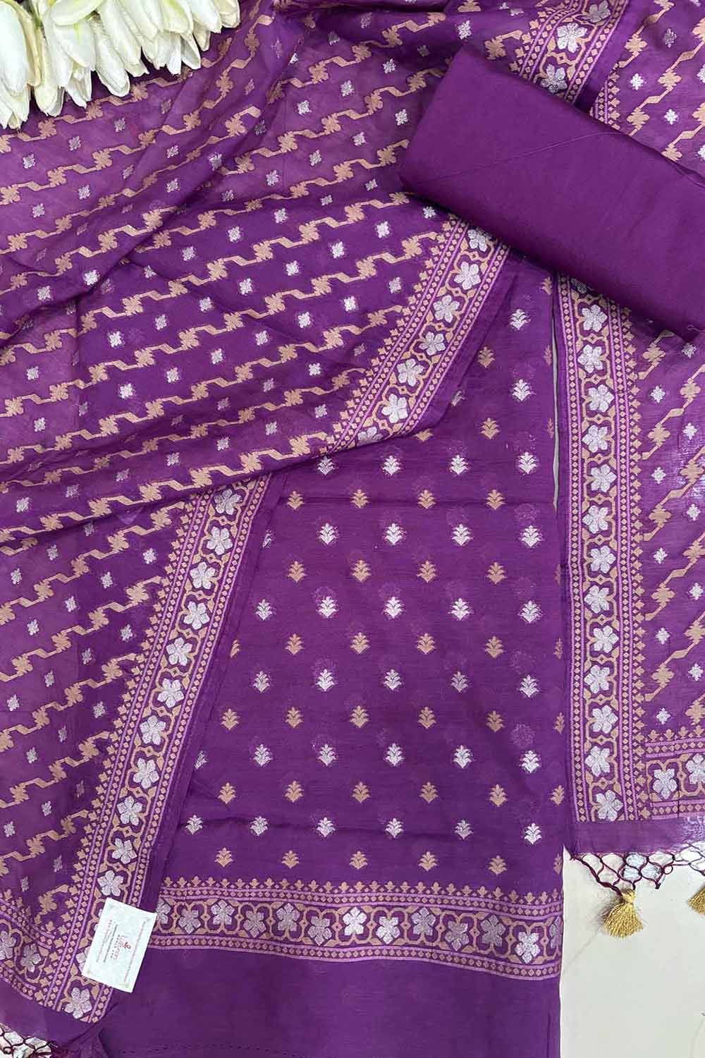 Elegant Purple Banarasi Jamdani Cotton Sona Roopa Three Piece Unstitched Suit Set - Luxurion World