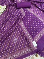 Elegant Purple Banarasi Jamdani Cotton Sona Roopa Three Piece Unstitched Suit Set - Luxurion World