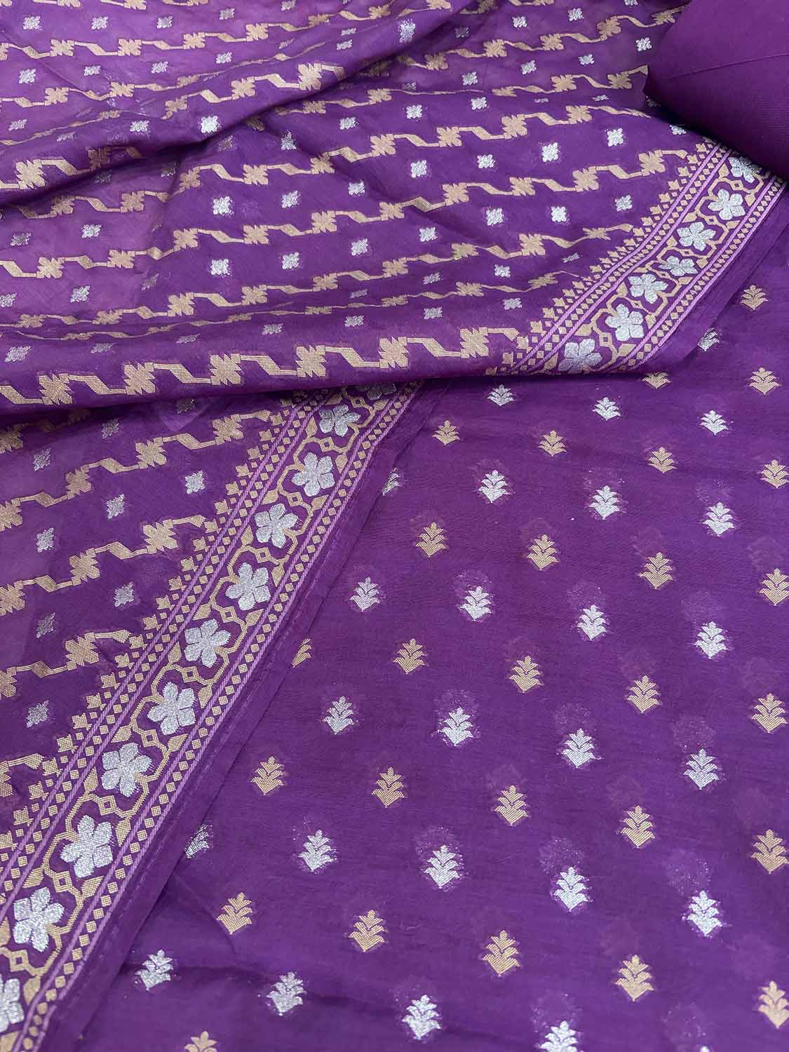 Elegant Purple Banarasi Jamdani Cotton Sona Roopa Three Piece Unstitched Suit Set - Luxurion World