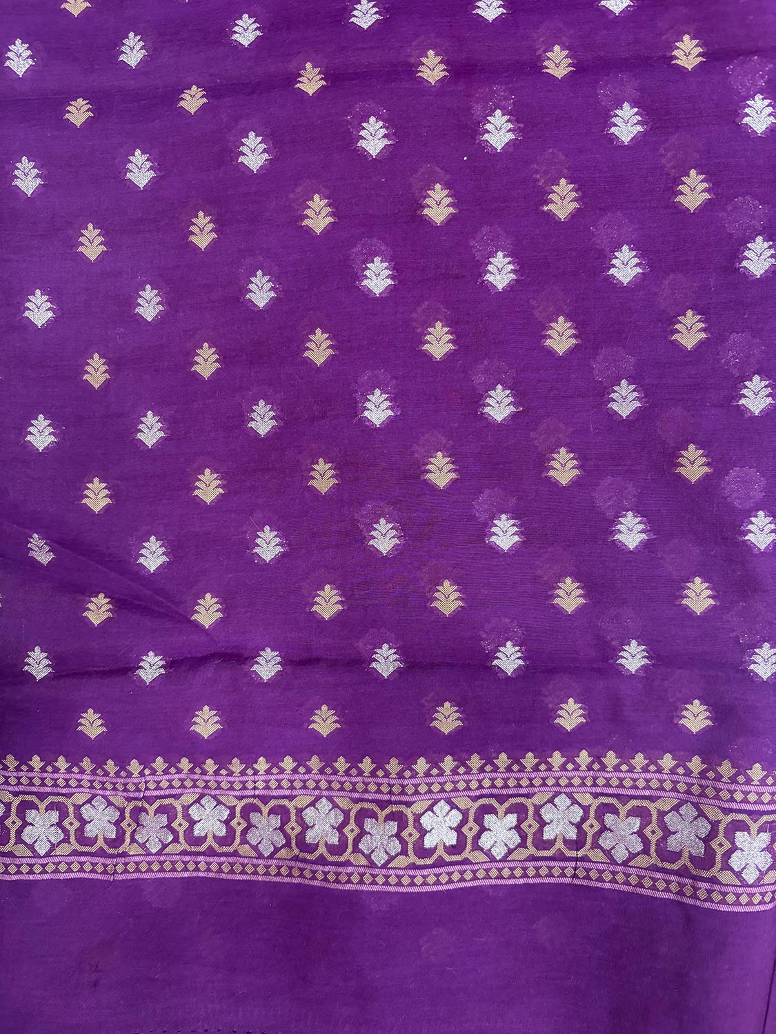 Elegant Purple Banarasi Jamdani Cotton Sona Roopa Three Piece Unstitched Suit Set - Luxurion World