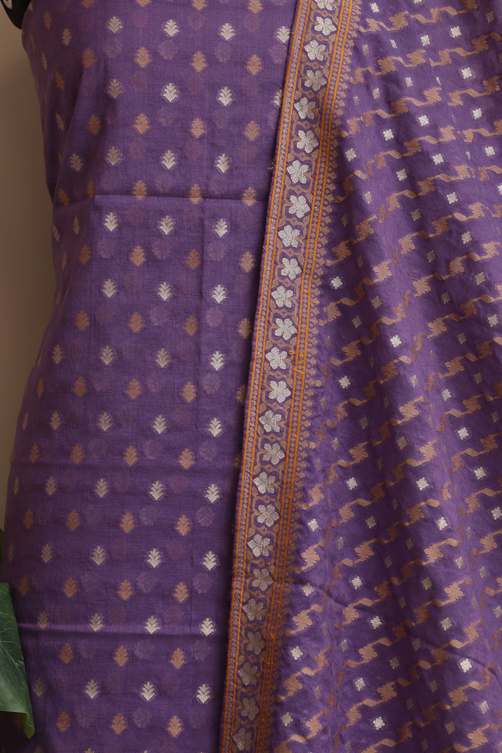 Elegant Purple Banarasi Jamdani Cotton Sona Roopa Three Piece Unstitched Suit Set - Luxurion World