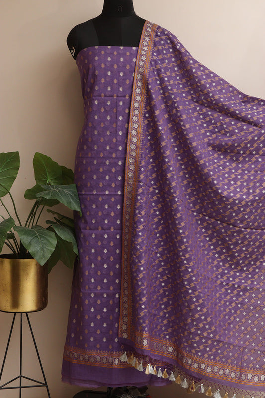 Elegant Purple Banarasi Jamdani Cotton Sona Roopa Three Piece Unstitched Suit Set - Luxurion World