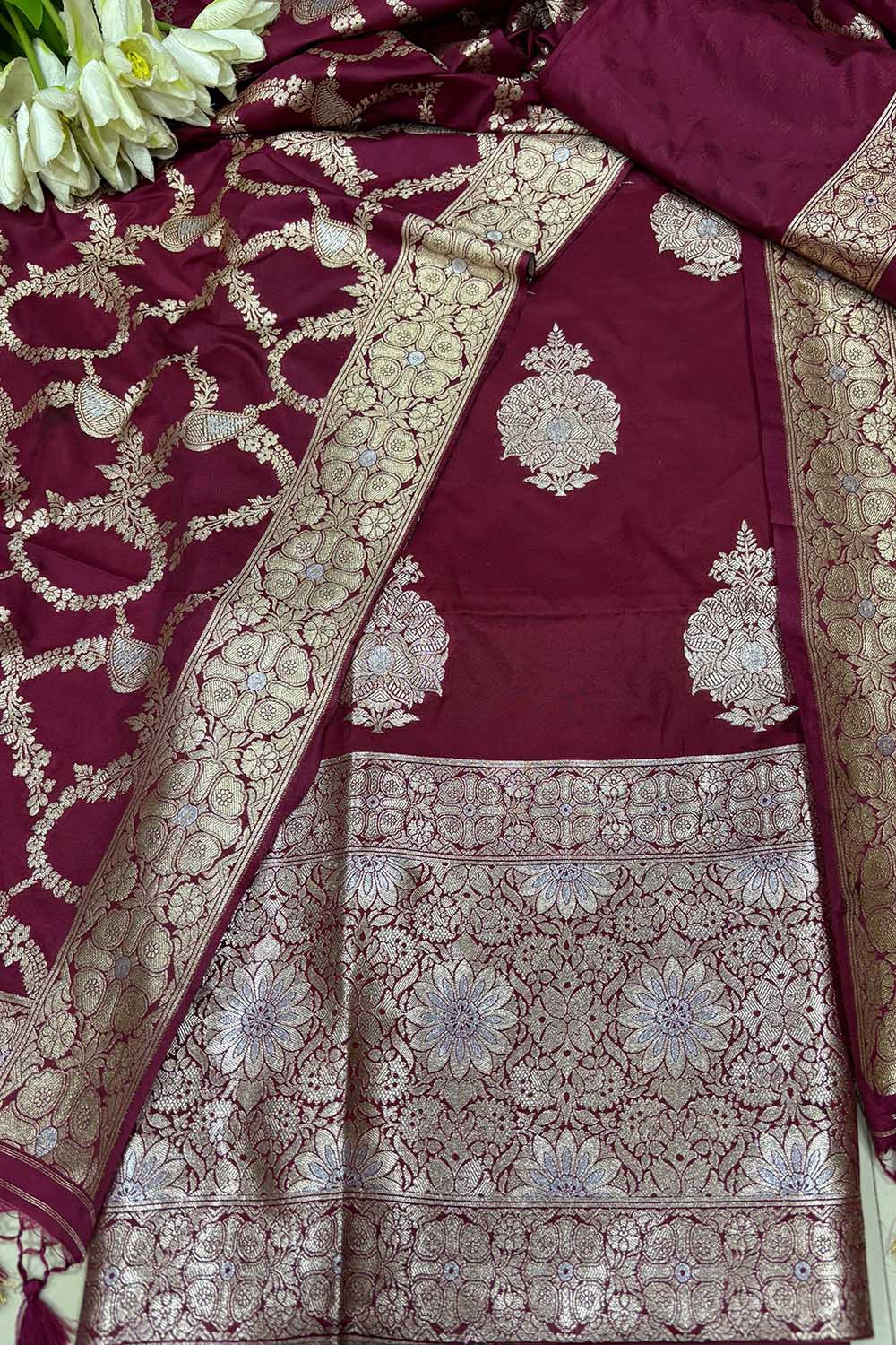Elegant Maroon Banarasi Silk Three Piece Unstitched Suit Set - Luxurion World