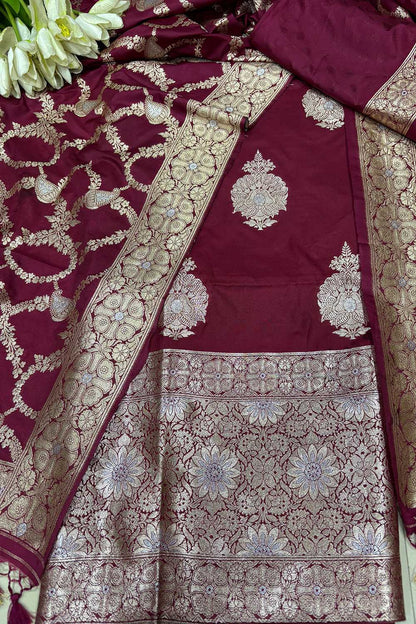 Elegant Maroon Banarasi Silk Three Piece Unstitched Suit Set - Luxurion World