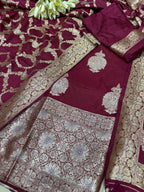 Elegant Maroon Banarasi Silk Three Piece Unstitched Suit Set - Luxurion World
