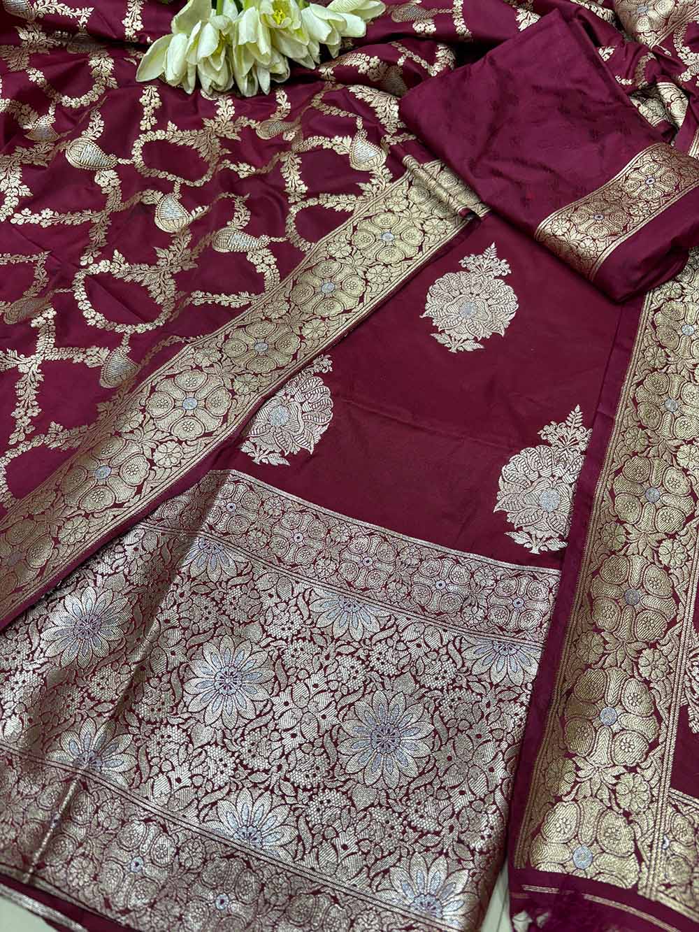 Elegant Maroon Banarasi Silk Three Piece Unstitched Suit Set - Luxurion World