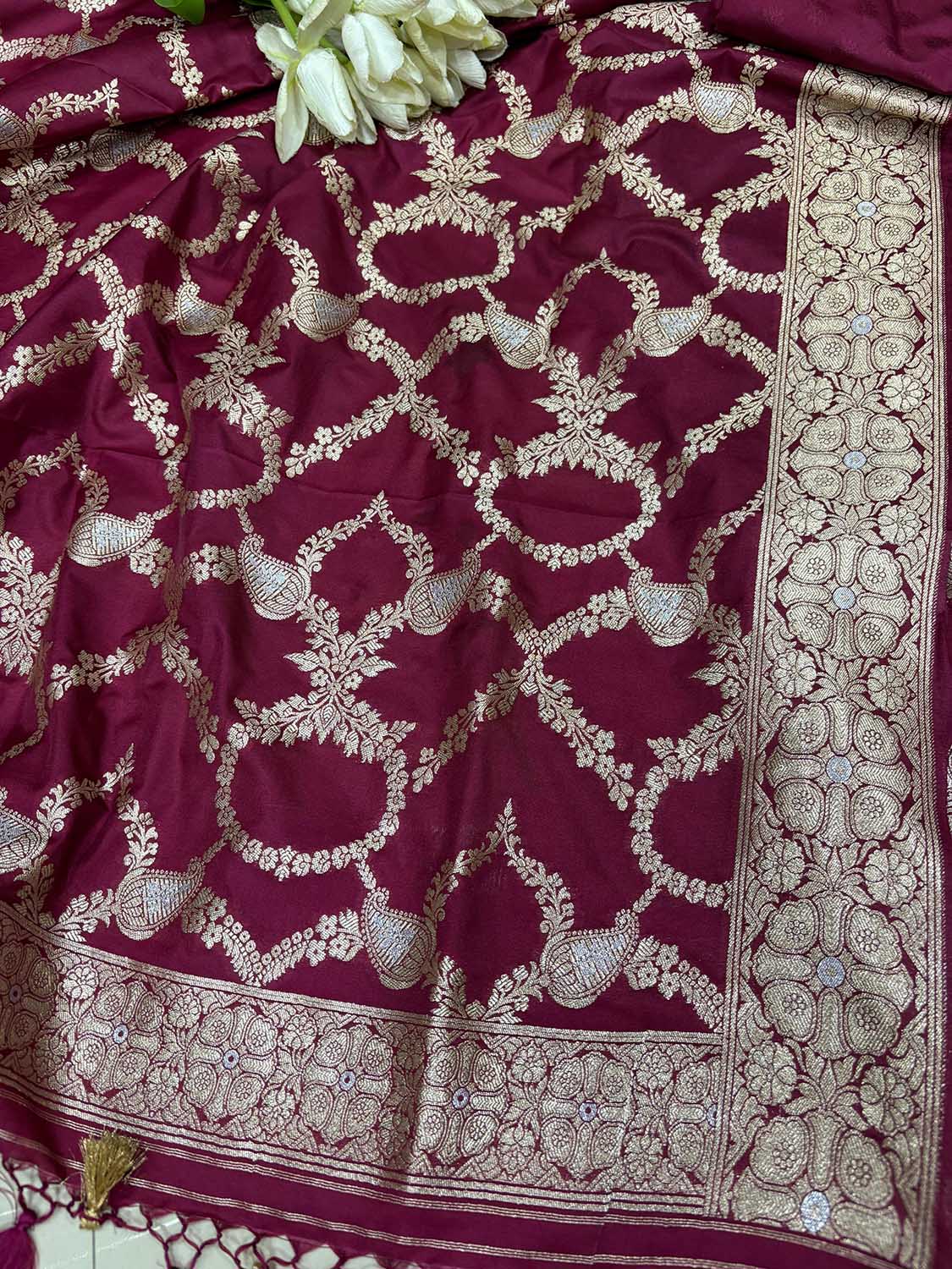 Elegant Maroon Banarasi Silk Three Piece Unstitched Suit Set - Luxurion World