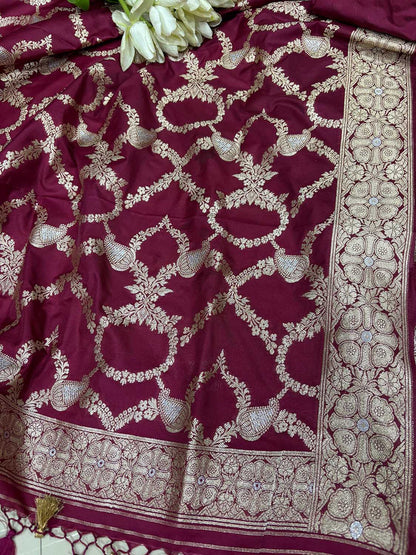Elegant Maroon Banarasi Silk Three Piece Unstitched Suit Set - Luxurion World