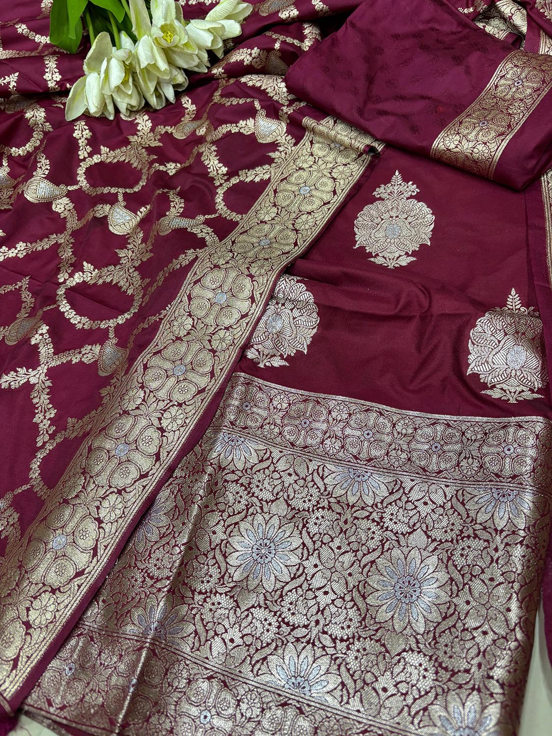 Elegant Maroon Banarasi Silk Three Piece Unstitched Suit Set - Luxurion World