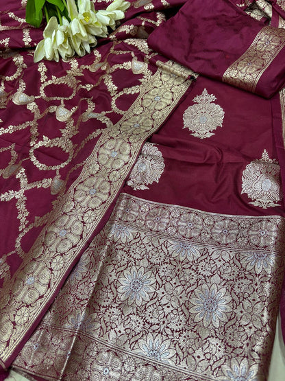 Elegant Maroon Banarasi Silk Three Piece Unstitched Suit Set - Luxurion World