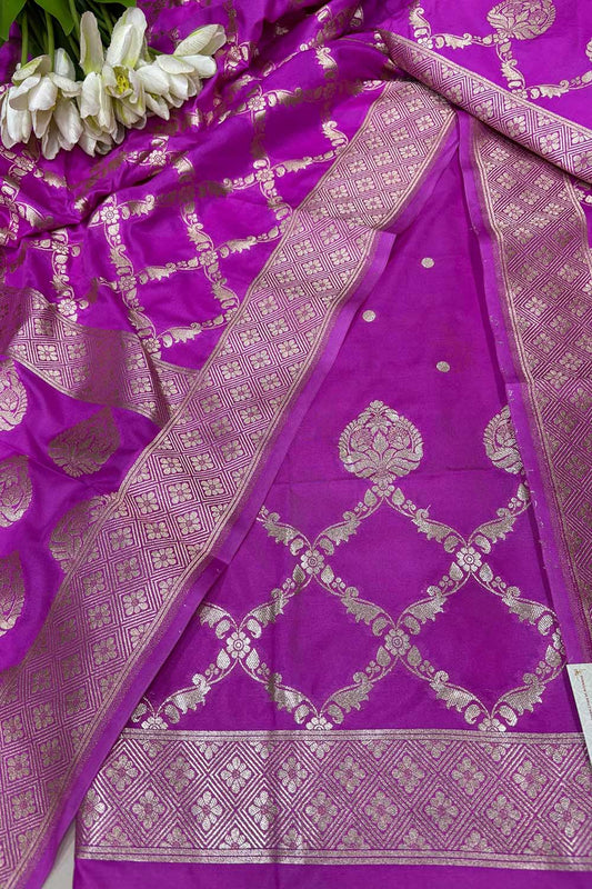 Stunning Pink Banarasi Silk Three Piece Unstitched Suit Set - Luxurion World