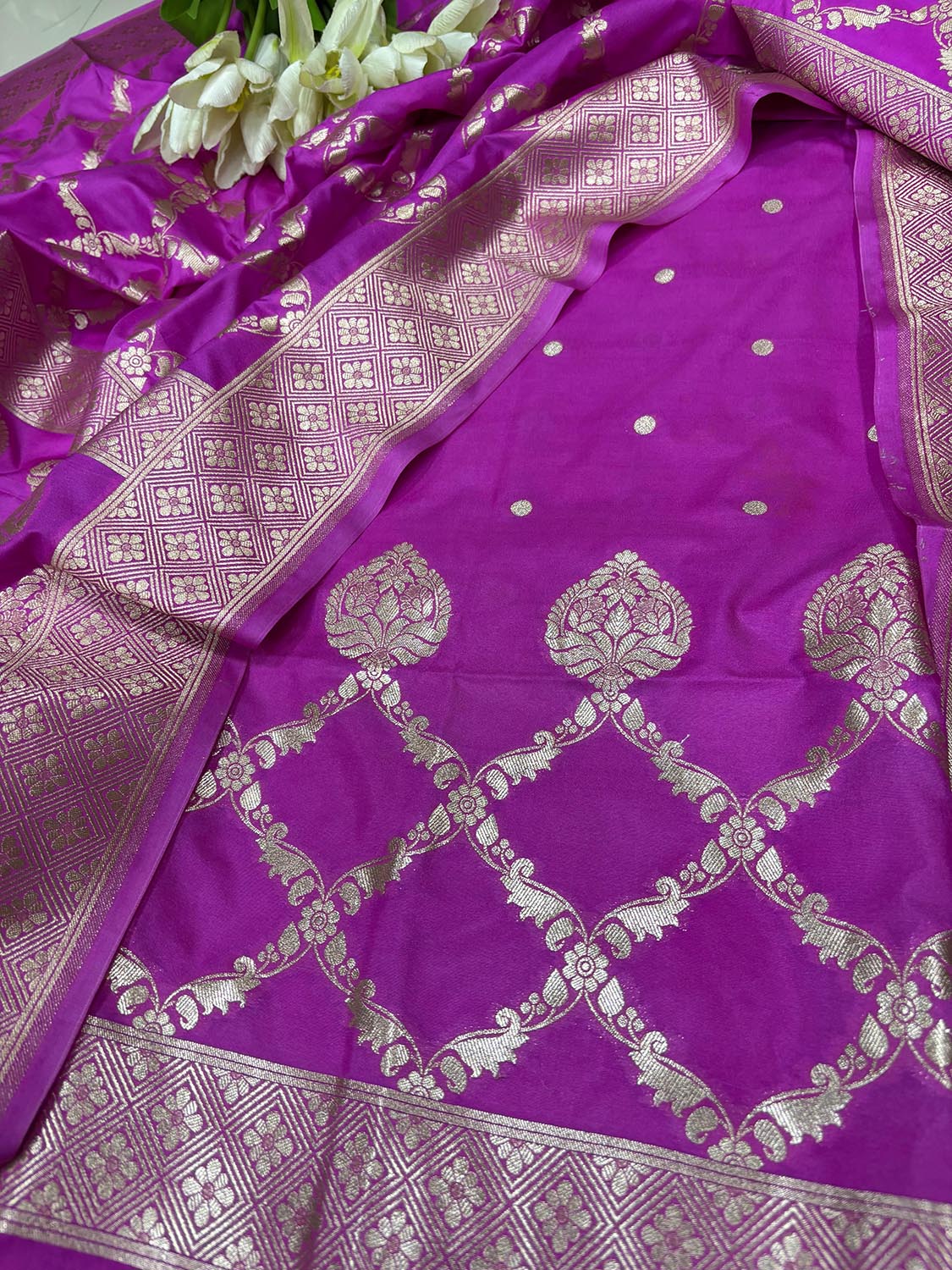 Stunning Pink Banarasi Silk Three Piece Unstitched Suit Set - Luxurion World