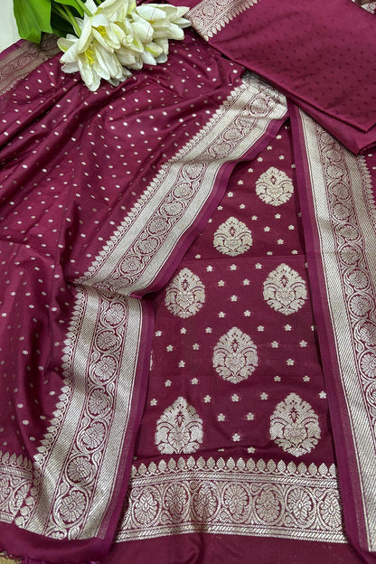 Elegant Maroon Banarasi Silk Three Piece Unstitched Suit Set - Luxurion World