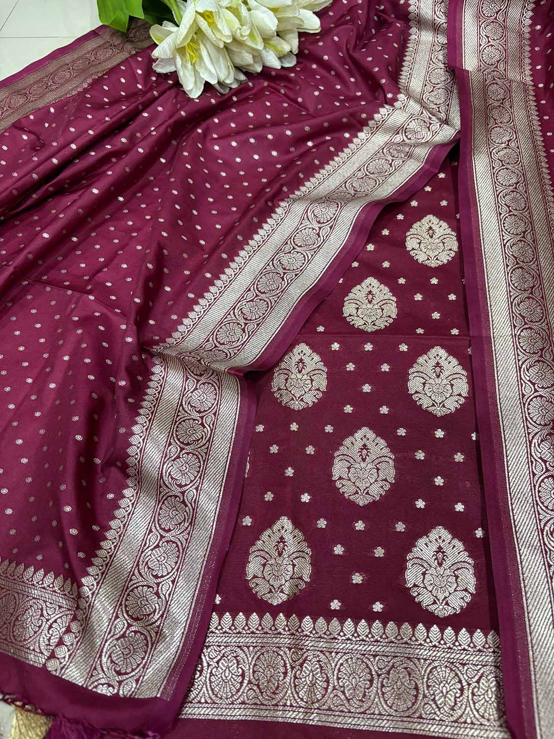 Elegant Maroon Banarasi Silk Three Piece Unstitched Suit Set - Luxurion World