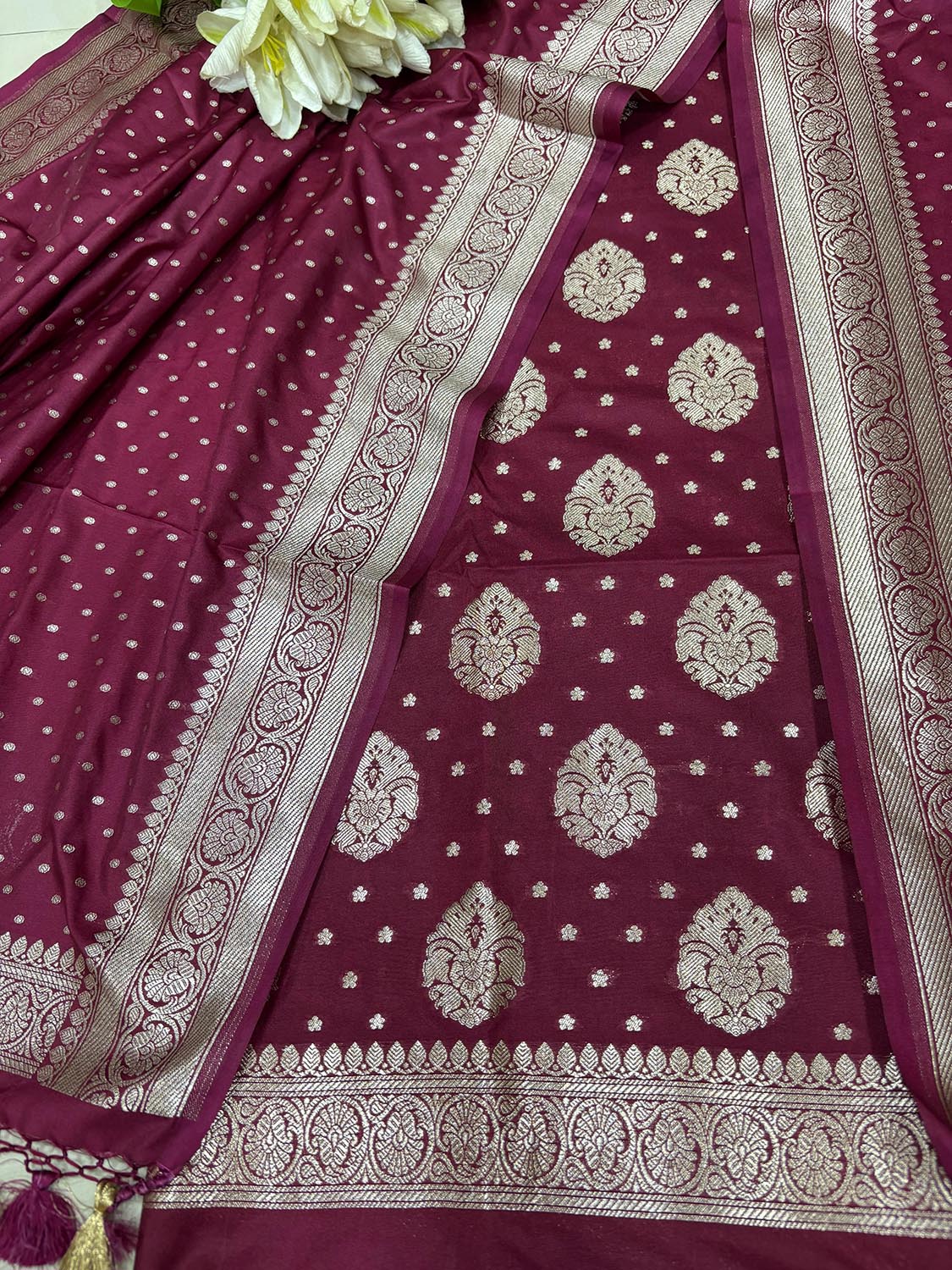 Elegant Maroon Banarasi Silk Three Piece Unstitched Suit Set - Luxurion World