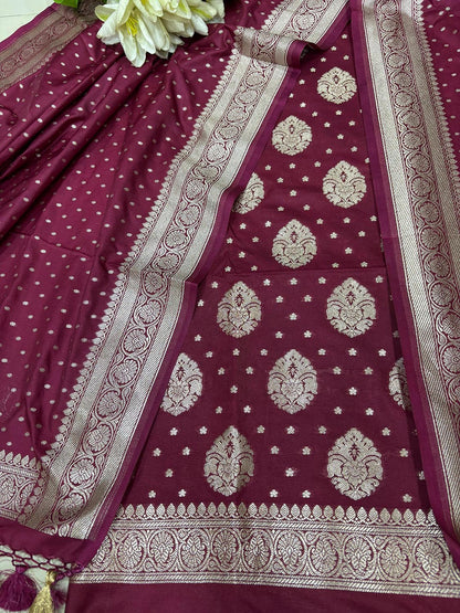 Elegant Maroon Banarasi Silk Three Piece Unstitched Suit Set - Luxurion World
