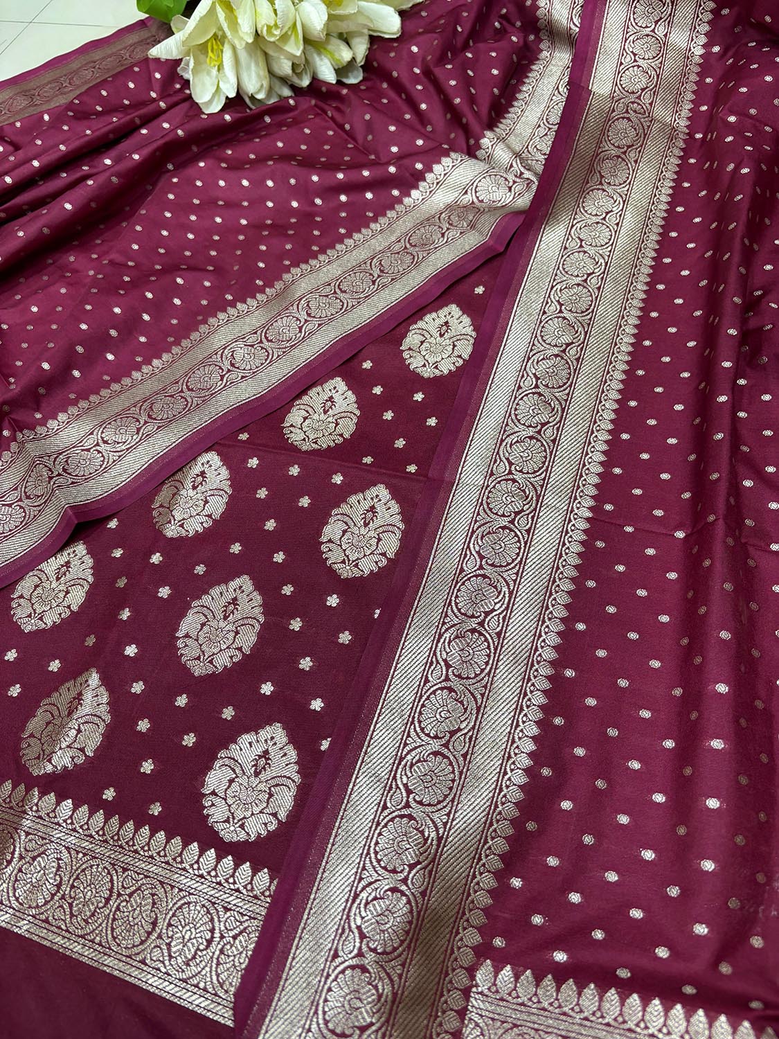 Elegant Maroon Banarasi Silk Three Piece Unstitched Suit Set - Luxurion World