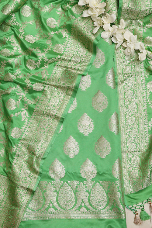 Green Banarasi Mashru Silk Flower Design Three Piece Unstitched Suit Set - Luxurion World