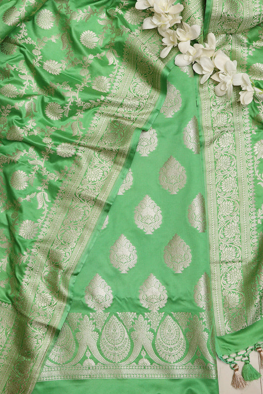 Green Banarasi Mashru Silk Flower Design Three Piece Unstitched Suit Set - Luxurion World