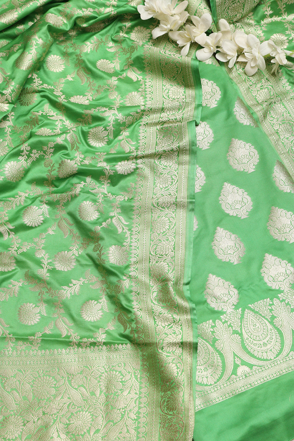 Green Banarasi Mashru Silk Flower Design Three Piece Unstitched Suit Set - Luxurion World