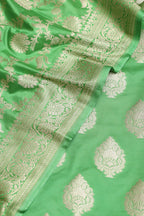 Green Banarasi Mashru Silk Flower Design Three Piece Unstitched Suit Set - Luxurion World