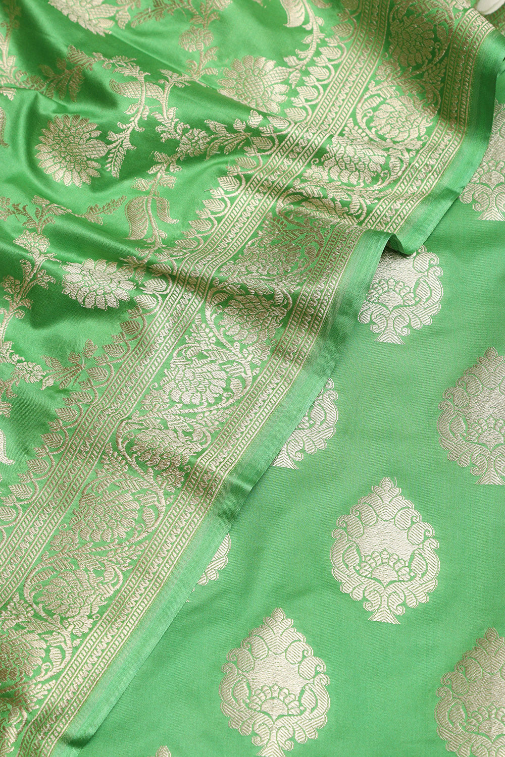 Green Banarasi Mashru Silk Flower Design Three Piece Unstitched Suit Set - Luxurion World