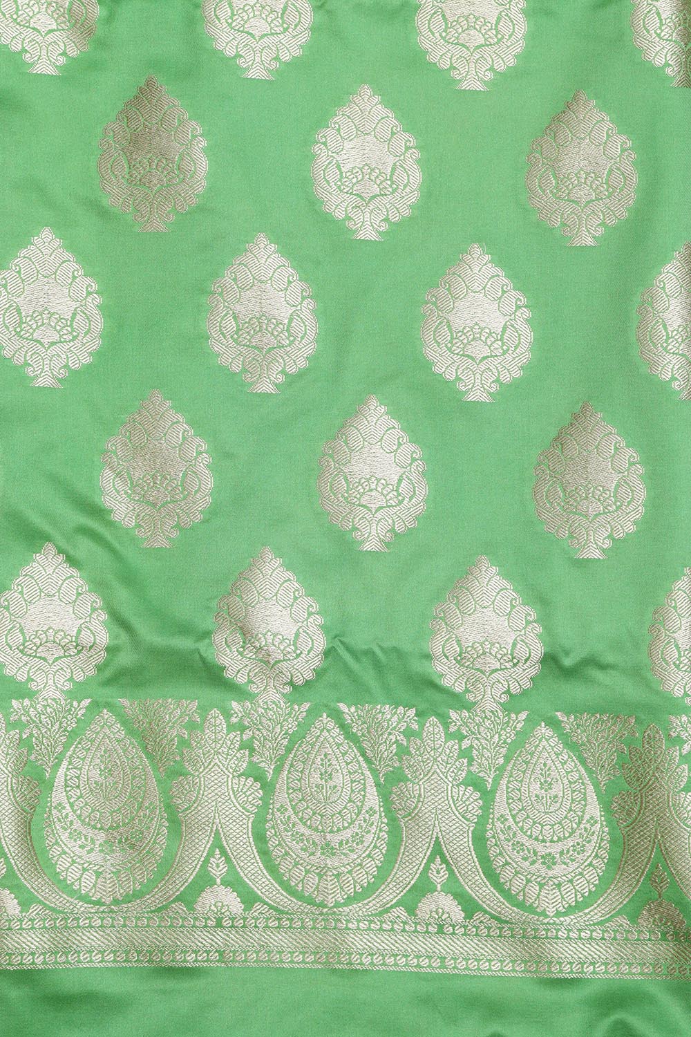 Green Banarasi Mashru Silk Flower Design Three Piece Unstitched Suit Set - Luxurion World