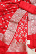 Red Banarasi Satin Silk Flower Design Three Piece Unstitched Suit Set - Luxurion World
