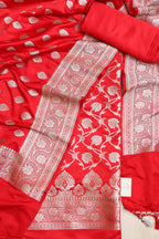 Red Banarasi Satin Silk Flower Design Three Piece Unstitched Suit Set - Luxurion World