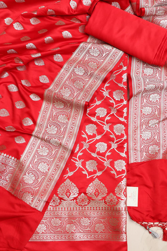 Red Banarasi Satin Silk Flower Design Three Piece Unstitched Suit Set - Luxurion World