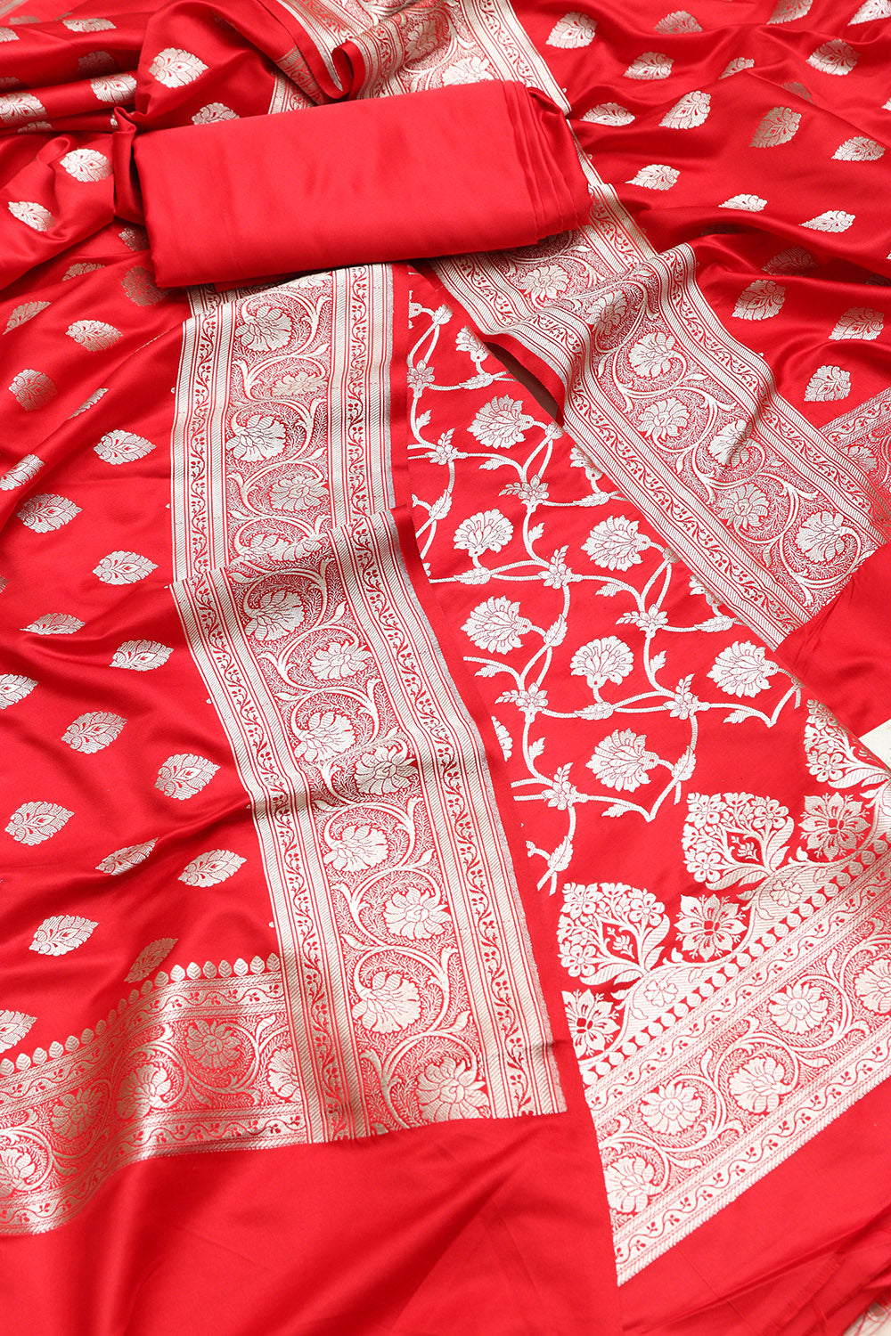 Red Banarasi Satin Silk Flower Design Three Piece Unstitched Suit Set - Luxurion World