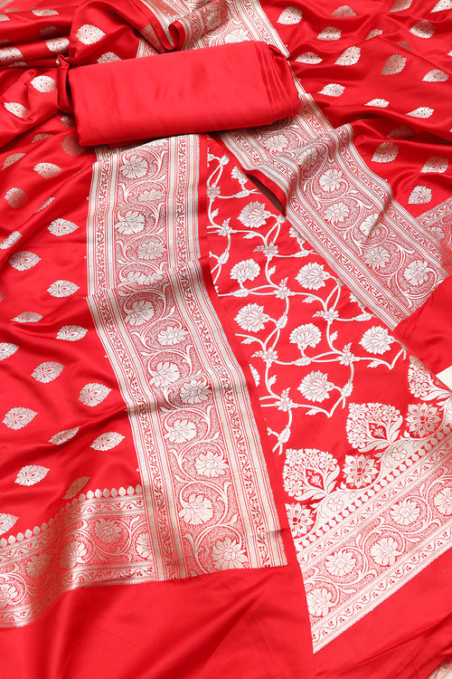 Red Banarasi Satin Silk Flower Design Three Piece Unstitched Suit Set - Luxurion World