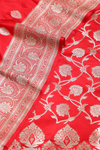 Red Banarasi Satin Silk Flower Design Three Piece Unstitched Suit Set - Luxurion World