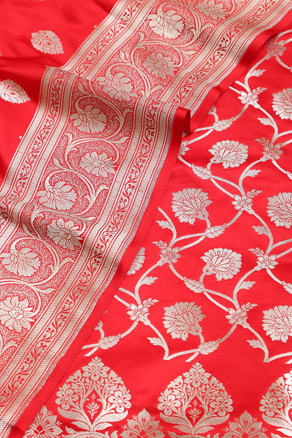 Red Banarasi Satin Silk Flower Design Three Piece Unstitched Suit Set - Luxurion World