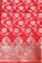 Red Banarasi Satin Silk Flower Design Three Piece Unstitched Suit Set - Luxurion World