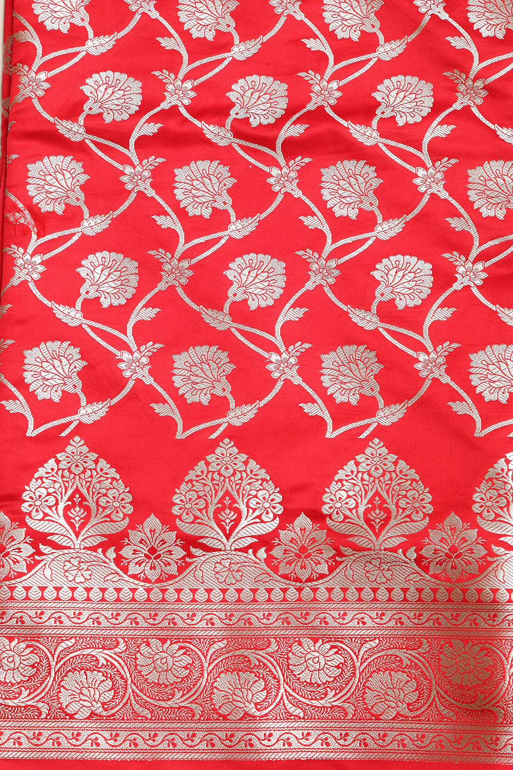 Red Banarasi Satin Silk Flower Design Three Piece Unstitched Suit Set - Luxurion World