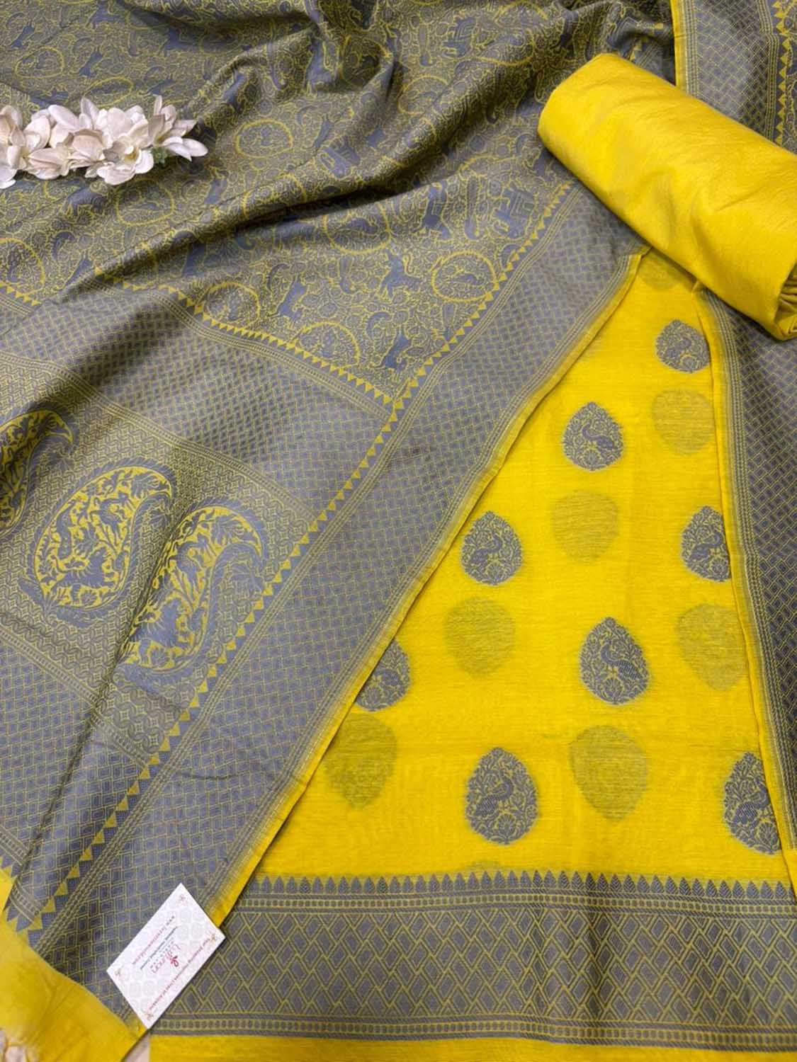 Yellow Pure Cotton Banarasi Three Piece Unstitched Suit Set - Luxurion World
