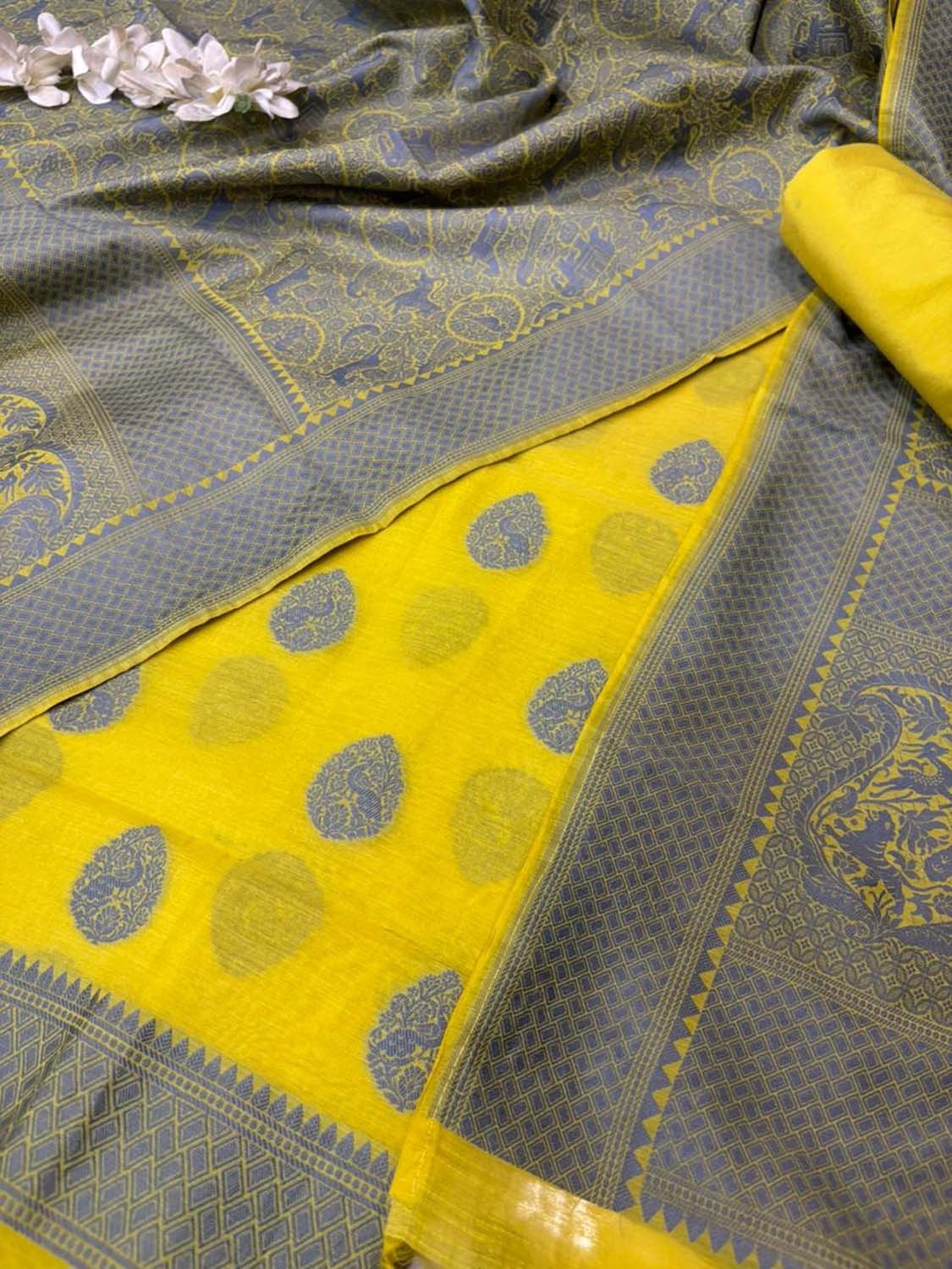 Yellow Pure Cotton Banarasi Three Piece Unstitched Suit Set - Luxurion World