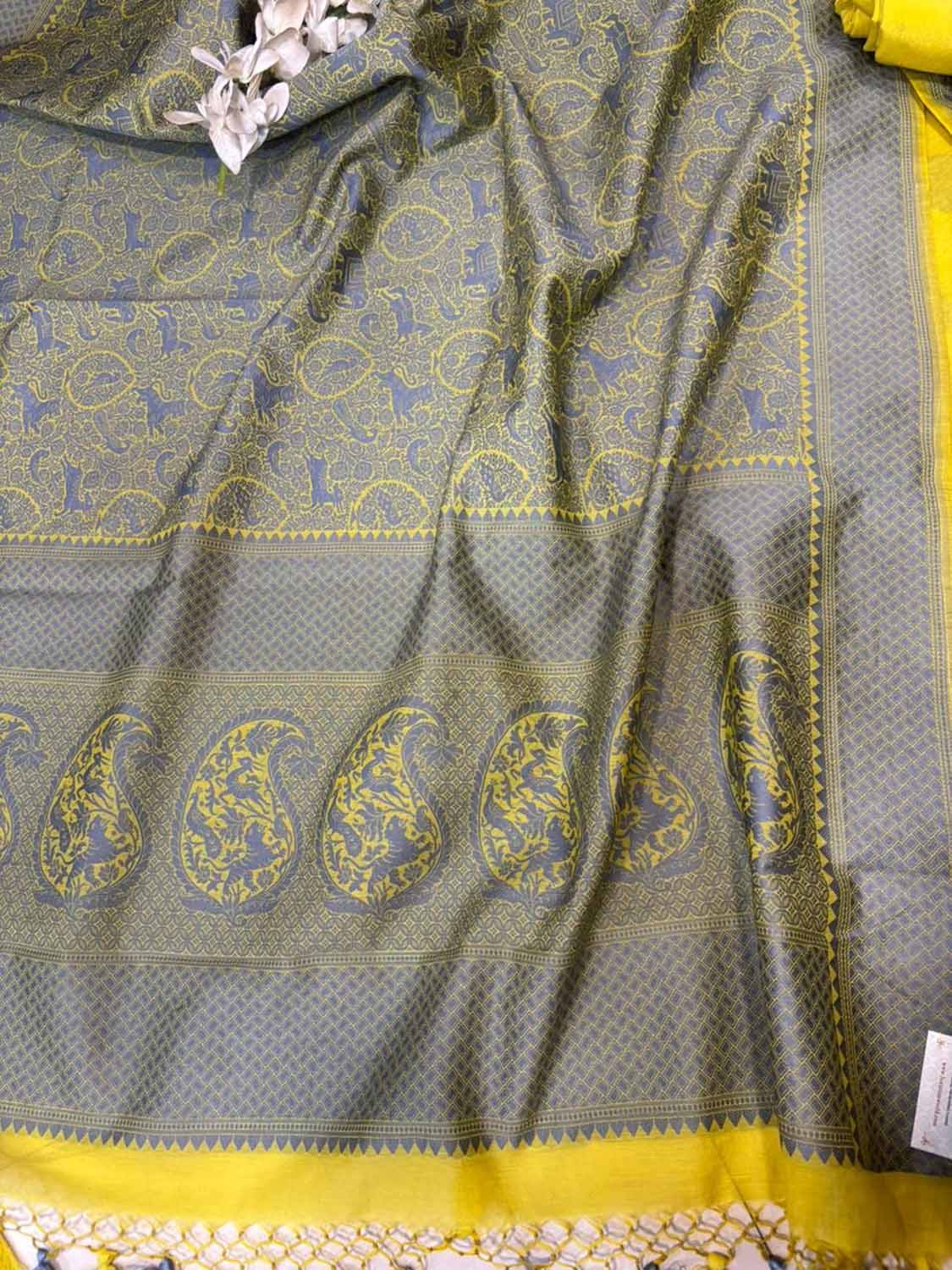 Yellow Pure Cotton Banarasi Three Piece Unstitched Suit Set - Luxurion World