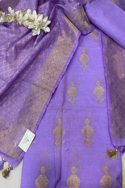 Purple Pure Cotton Banarasi Three Piece Unstitched Suit Set - Luxurion World