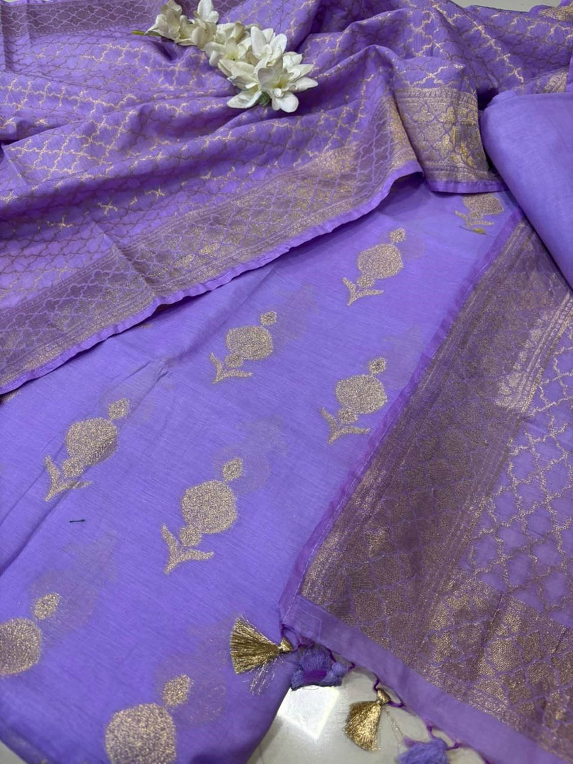 Purple Pure Cotton Banarasi Three Piece Unstitched Suit Set - Luxurion World