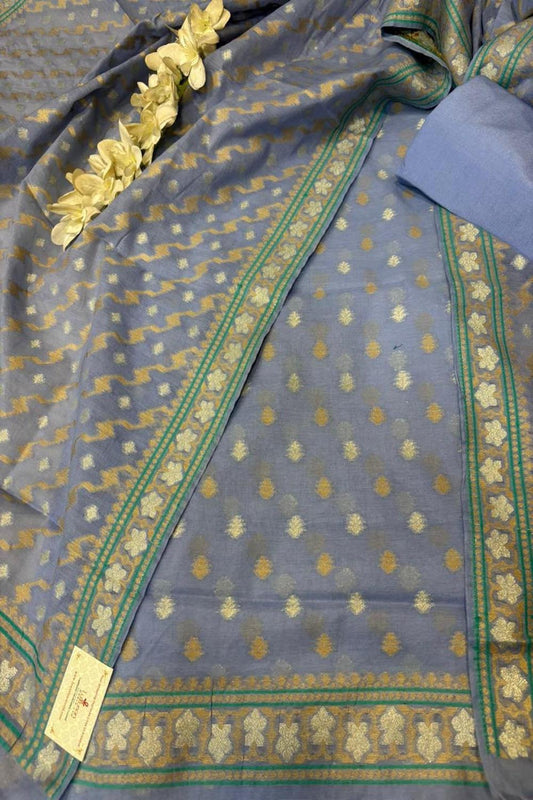 Blue Pure Cotton Banarasi Three Piece Unstitched Suit Set - Luxurion World