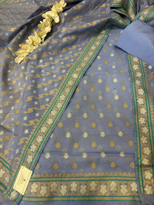 Blue Pure Cotton Banarasi Three Piece Unstitched Suit Set - Luxurion World